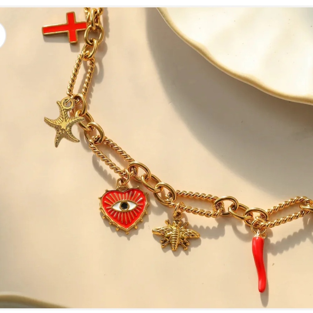 18k Gold plated stainless steel Bracelet with Red Charms